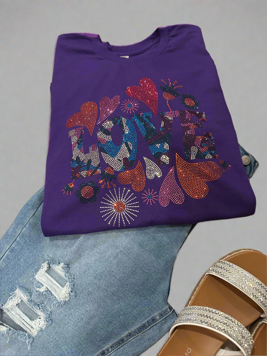 Love Design Retro Vibrant Rhinestone T-Shirt Retro Chic Meets Dazzling Elegance!